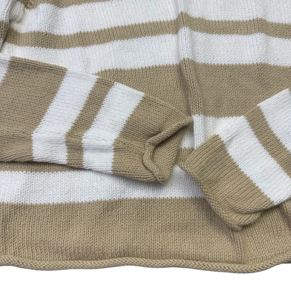 VTG LL Bean Women Roll Neck Sweater XS Tan White Striped 100% Cotton Nautical